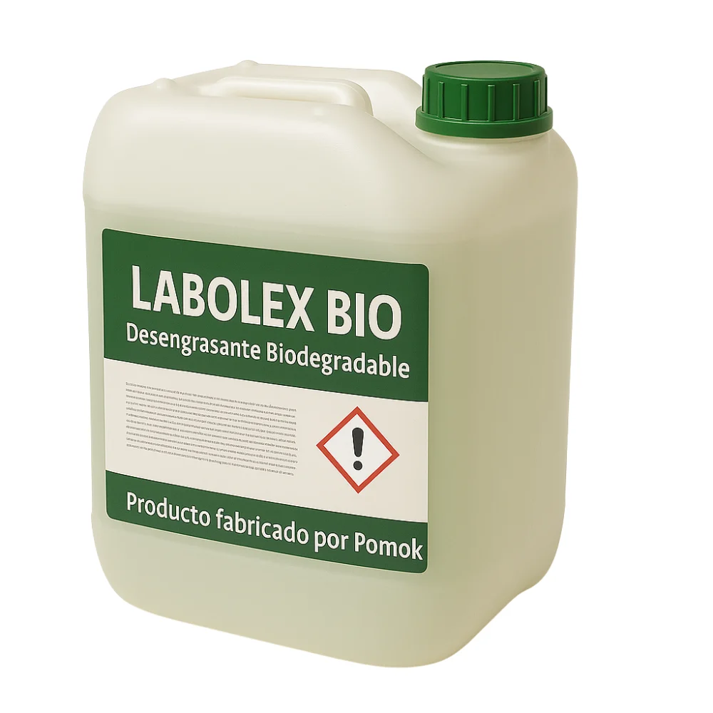 Contenedor de 20 litros de desengrasante biodegradable multiusos concentrado LaboLex Bio fabricado por Pomok
