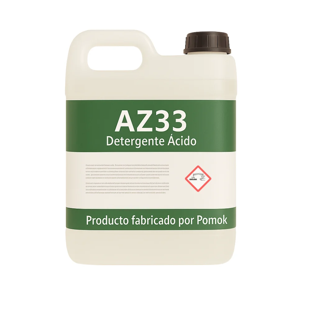 Envase de AZ33, Desincrustante y Detergente Ácido Industrial fabricado por Pomok, con pictograma de corrosión GHS visible en la etiqueta.