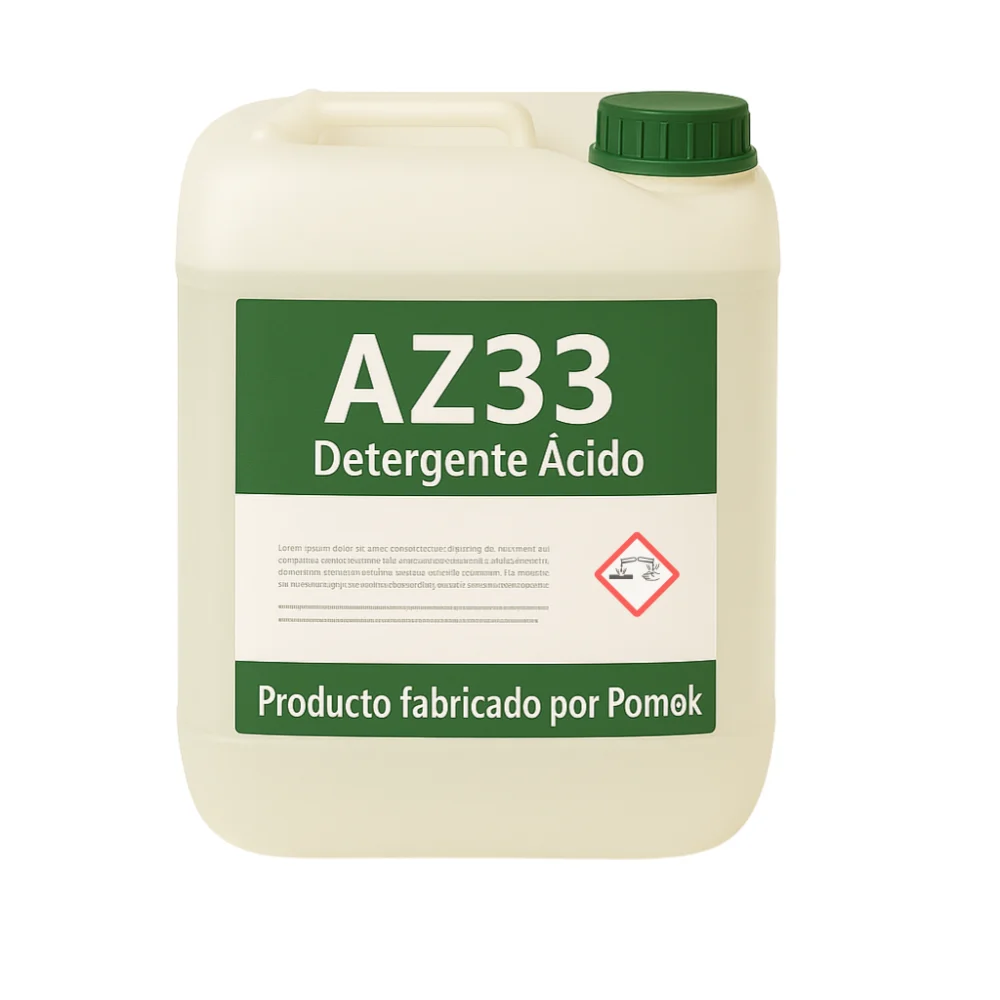 Envase de 20 litros de AZ33, Desincrustante y Detergente Ácido Industrial de Pomok, con pictograma GHS de corrosión.