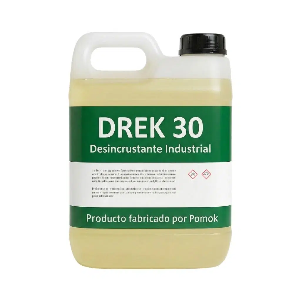 Desincrustante de sarro industrial Drek 30 Pomok para remover incrustaciones en superficies metálicas.