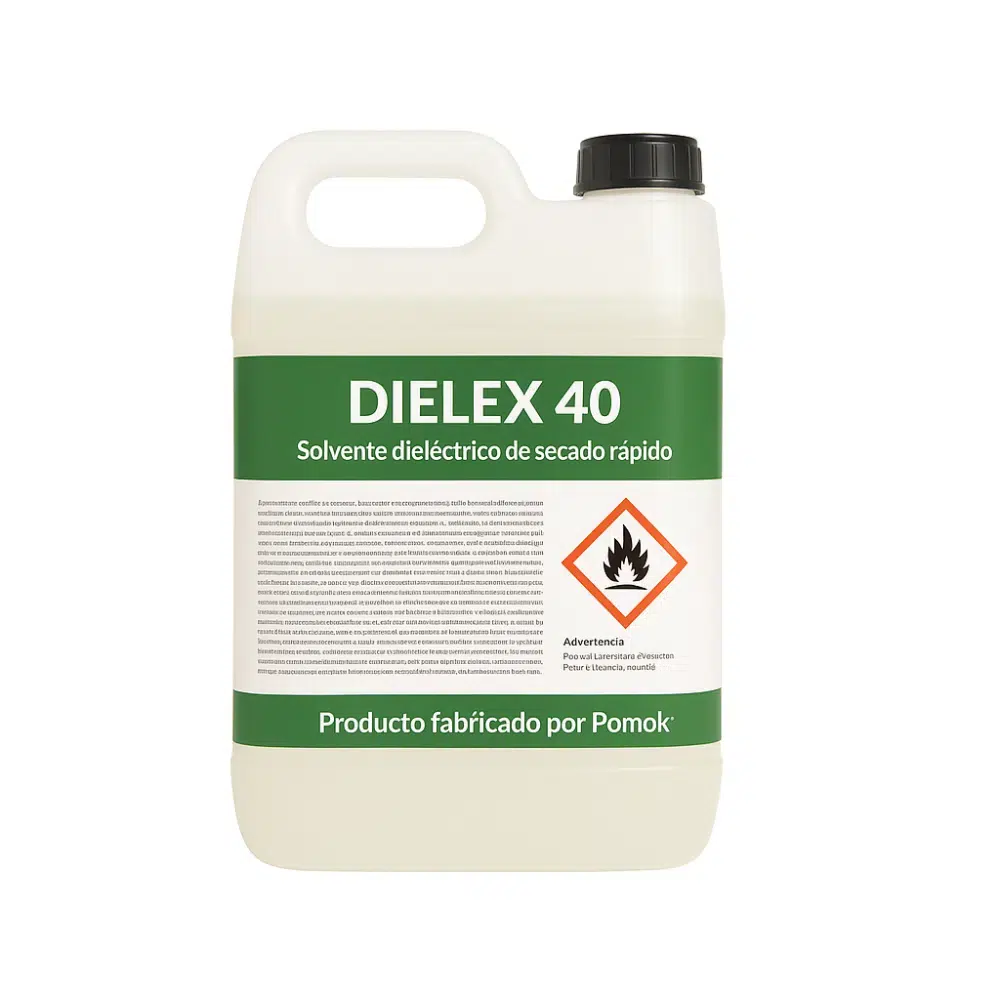 Envase plástico translúcido con tapa negra y etiqueta verde del producto químico DIELEX 40, solvente dieléctrico de secado rápido, sobre fondo blanco.