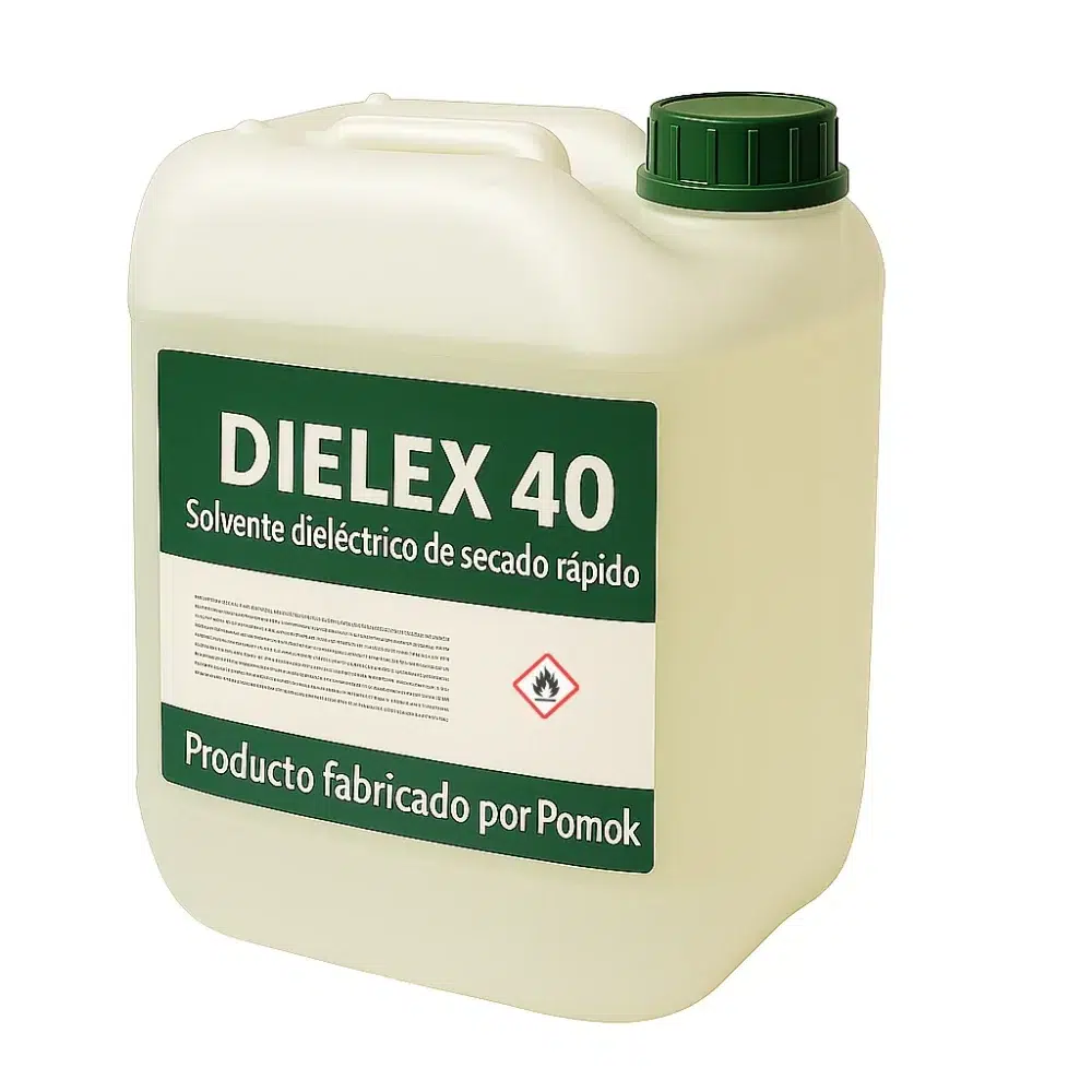 Solvente dieléctrico de secado rápido en presentación de 20 litros, Dielex 40 fabricado por Pomok, en bidón semi translúcido con tapa verde.