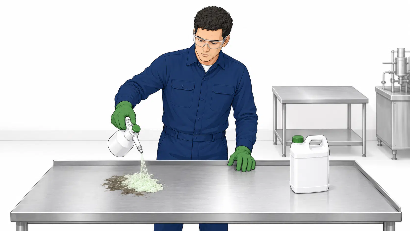 Técnico con equipo de protección aplica espuma limpiadora sobre grasa localizada en una superficie de acero inoxidable.