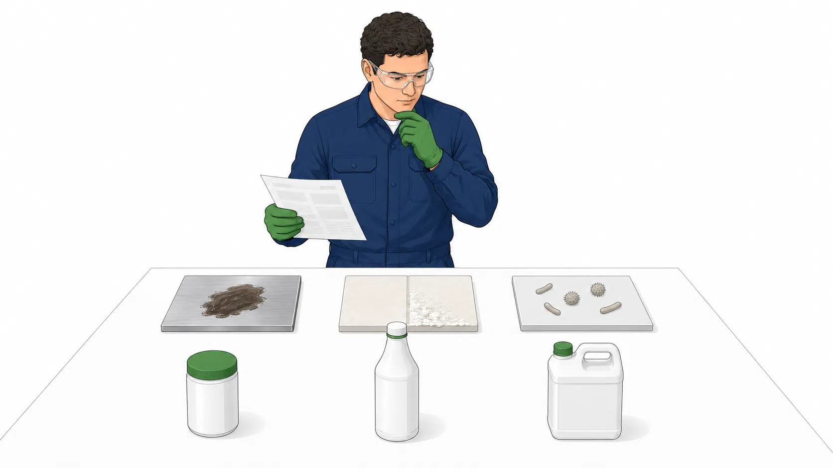 Técnico compara productos químicos de limpieza según la suciedad, la superficie y la información de la ficha técnica.