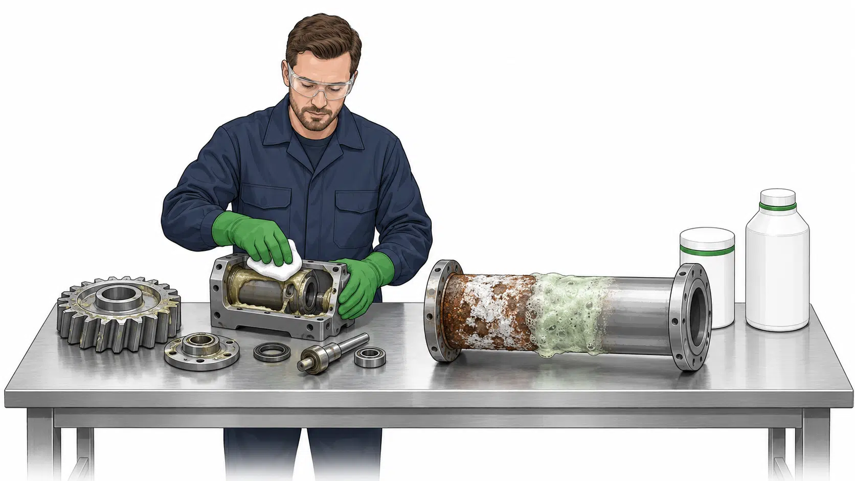 Técnico limpia piezas con grasa y una tubería con óxido durante tareas de mantenimiento industrial preventivo y correctivo.