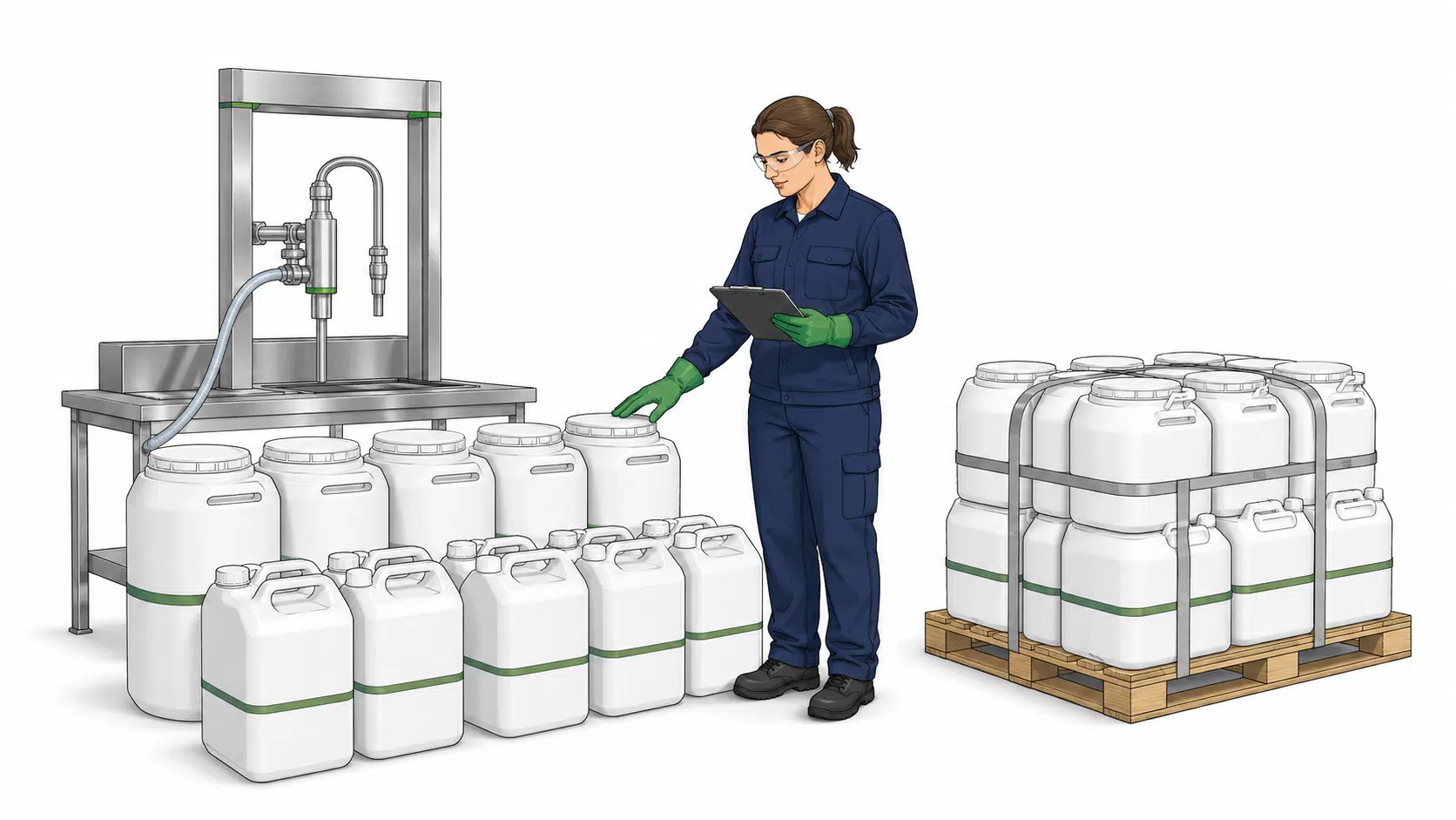 Técnica inspecciona envases industriales preparados para un pedido de productos químicos de limpieza por mayoreo.
Leyenda: Los pedidos por mayoreo se preparan de acuerdo con el product
