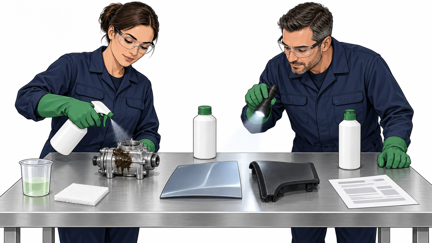 Técnicos prueban un producto químico y revisan su compatibilidad con metal, pintura y plástico automotriz.