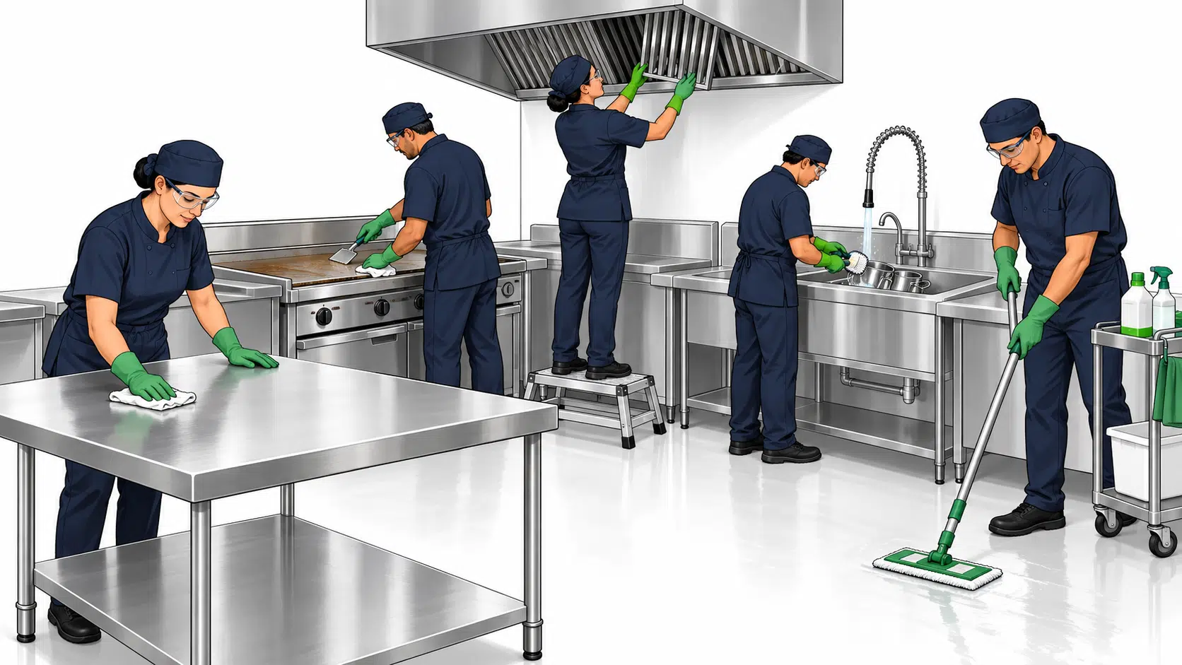 Cinco personas de staff realizando tareas de limpieza en una cocina de restaurante profesional