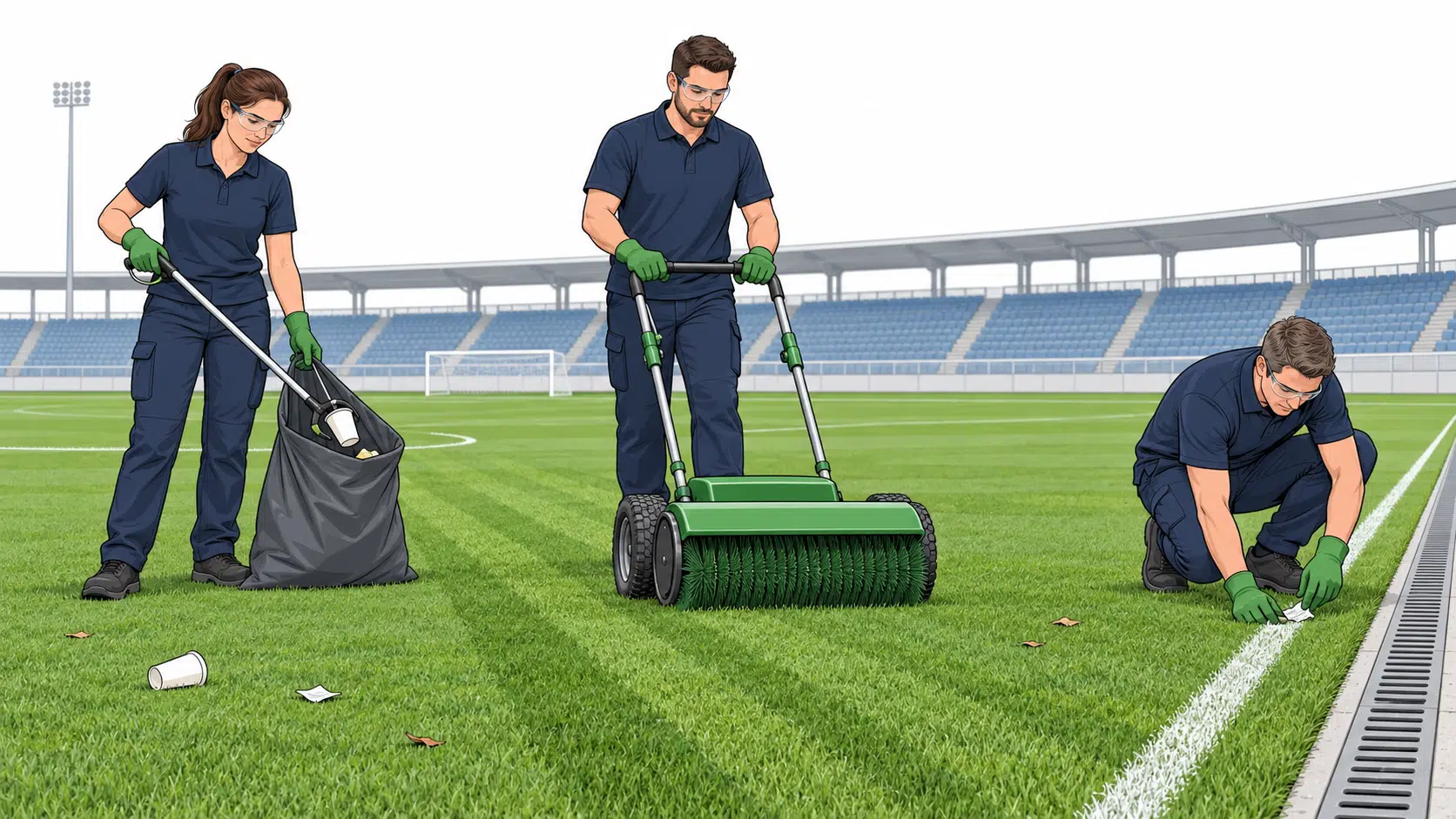Personal realizando la limpieza de una cancha de estadio y el mantenimiento del césped