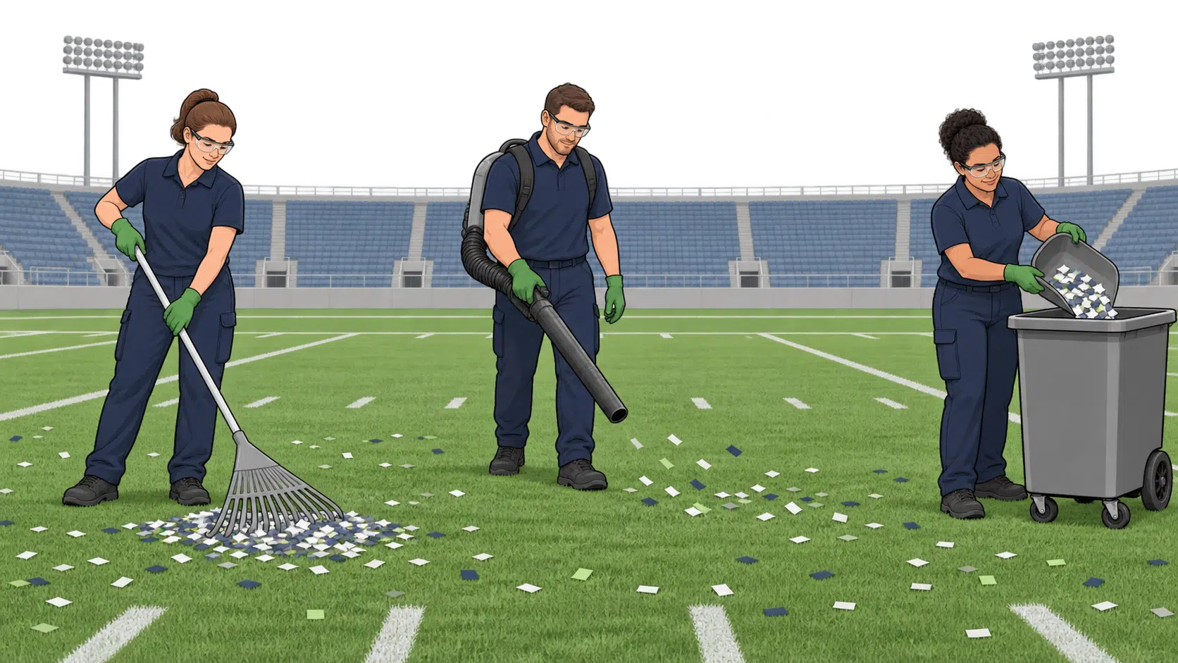 Personal retirando confeti del campo de un estadio después del Super Bowl