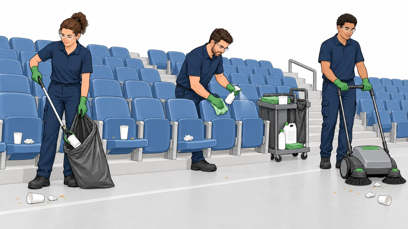 Personal realizando la limpieza de gradas y asientos de un estadio después de un evento