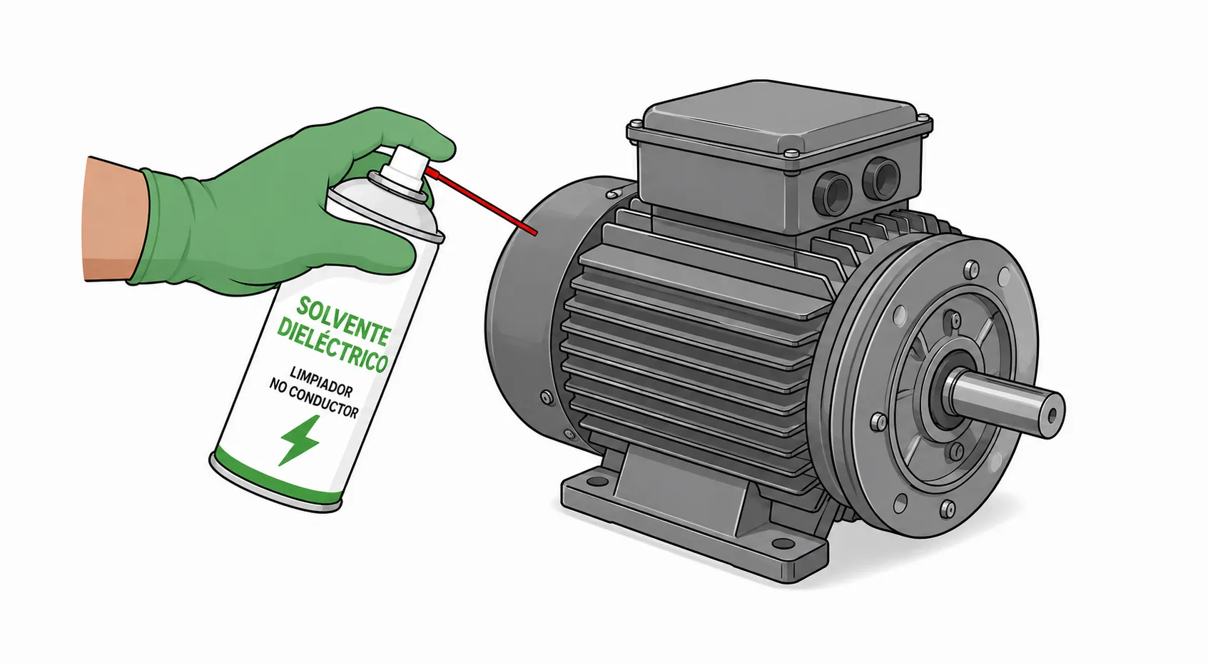 Ilustración de la aplicación de un solvente dieléctrico en aerosol para la limpieza segura de un motor eléctrico, eliminando suciedad sin conducir la electricidad.