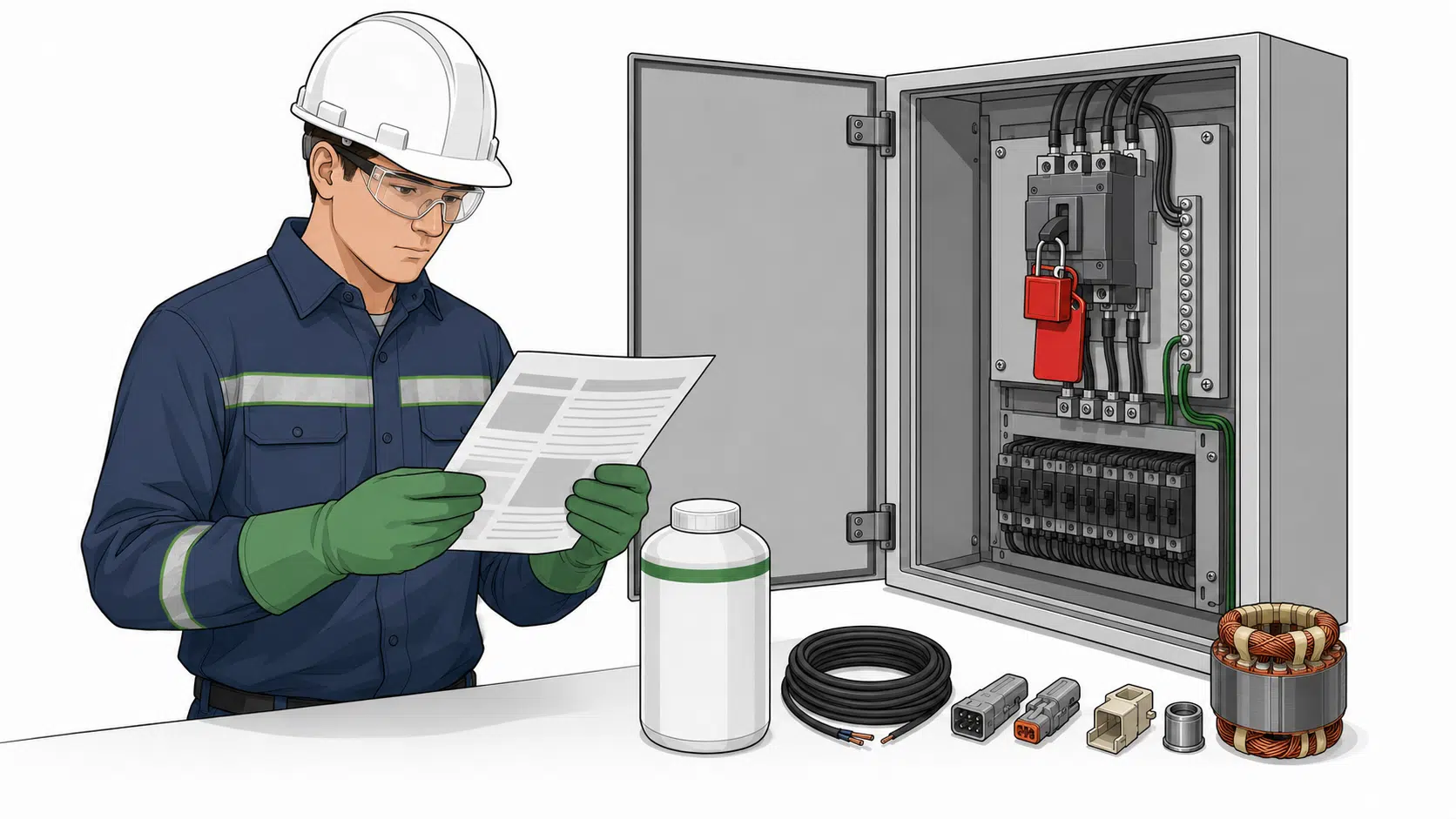 Técnico revisando la ficha técnica y compatibilidad de un solvente dieléctrico antes de limpiar un tablero con procedimiento LOTO