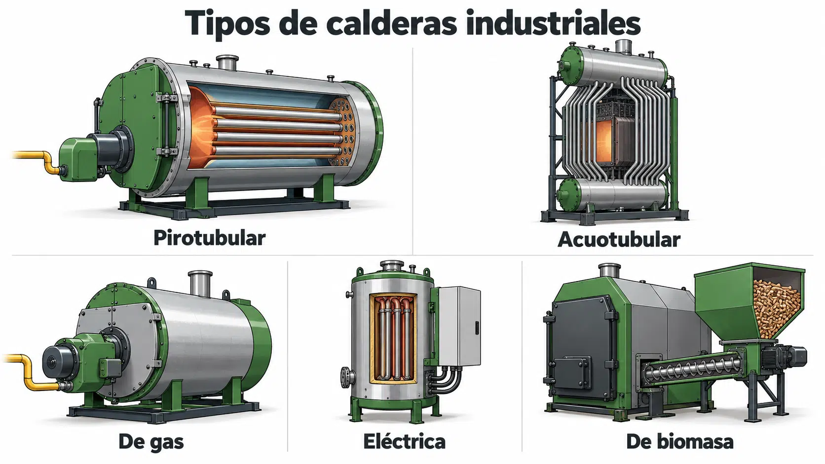 Infografía con calderas industriales pirotubular, acuotubular, de gas, eléctrica y de biomasa