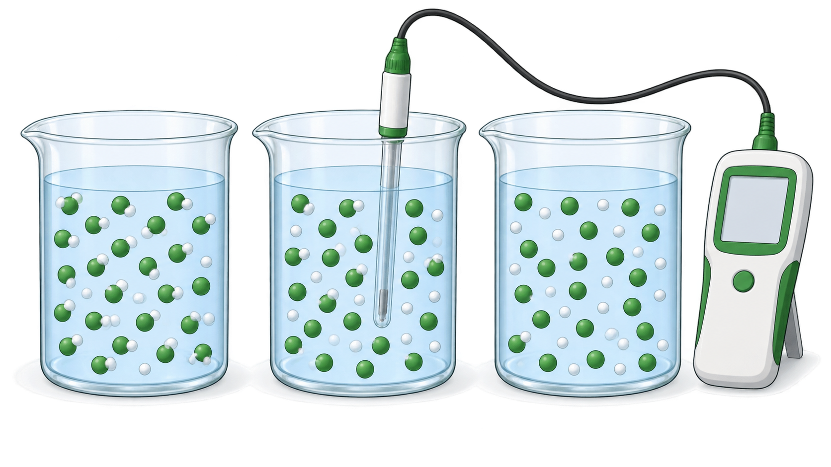 Tres recipientes muestran distintas proporciones de ácido hipocloroso e ion hipoclorito según el pH del agua.