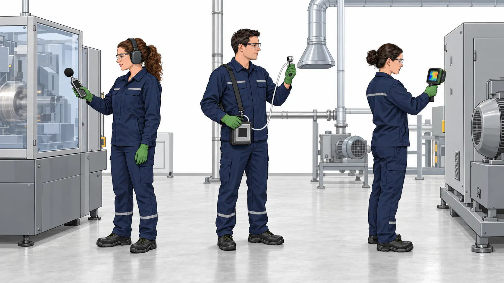 Personal midiendo ruido, calidad del aire y temperatura en una planta industrial