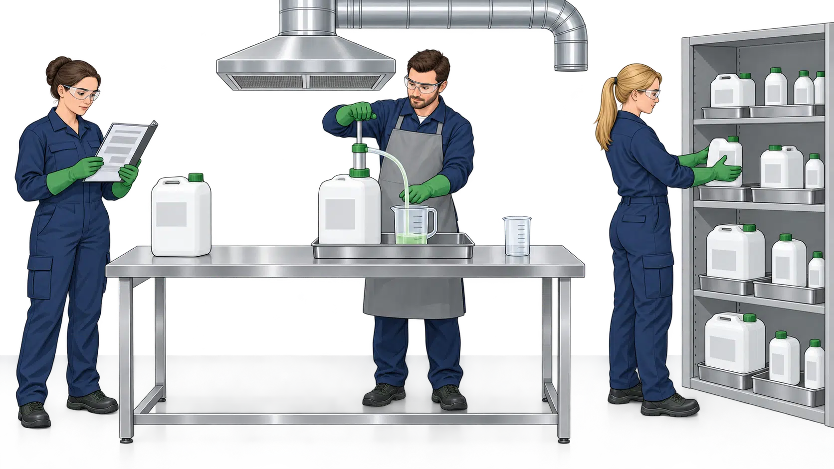 Personal consultando información, dosificando y almacenando productos químicos de forma segura