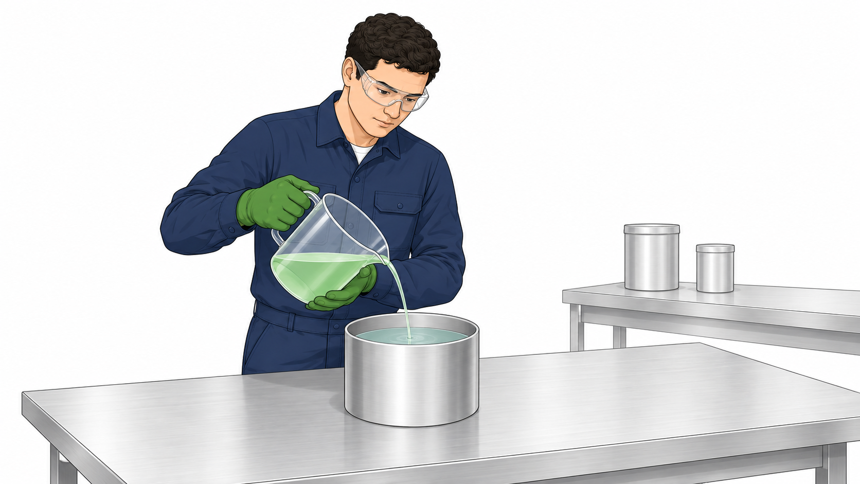 Técnico con equipo de protección prepara una solución química uniforme en un recipiente de acero inoxidable.