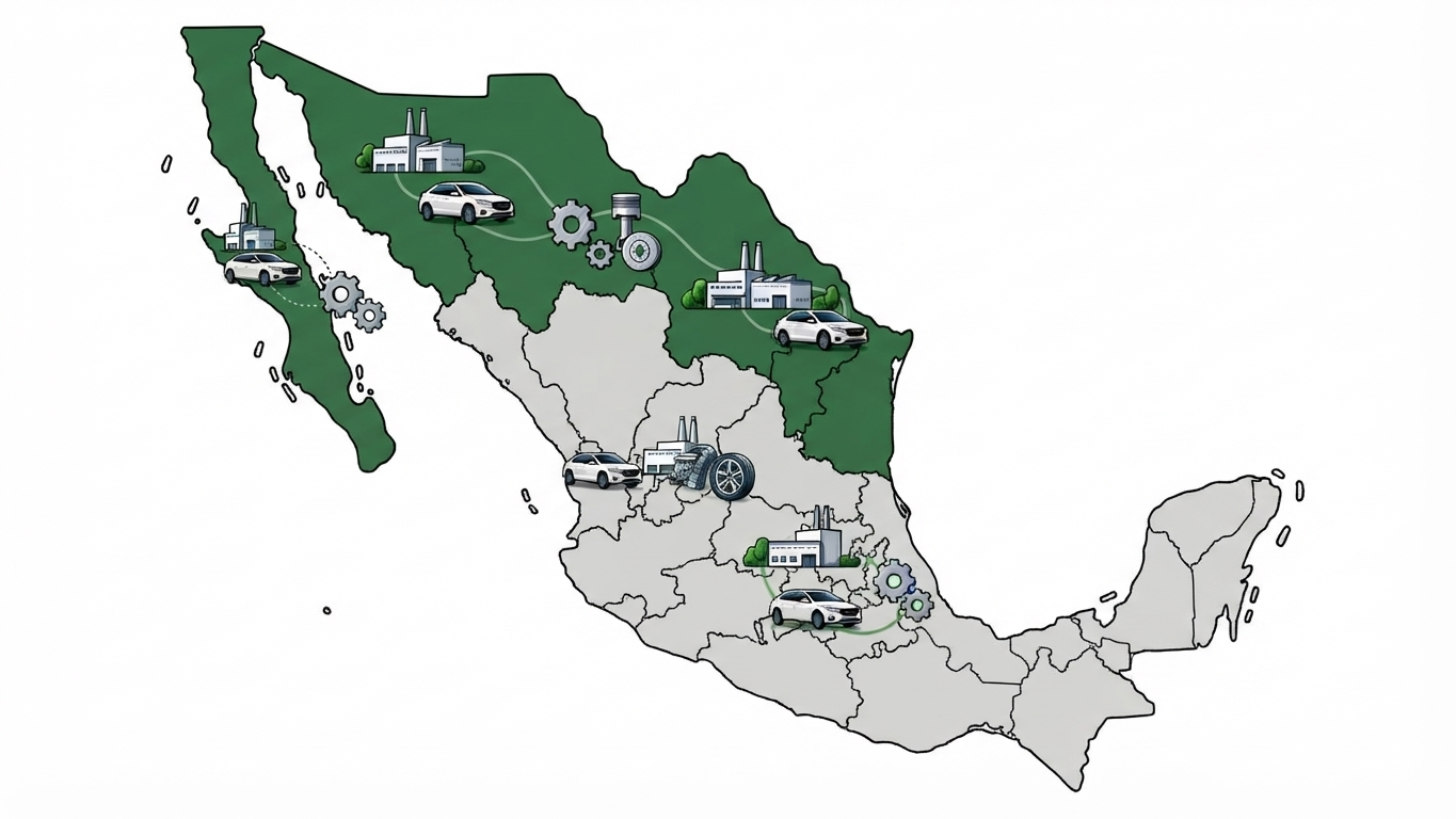 Mapa esquemático de México con las principales regiones automotrices del norte, Bajío-occidente y centro del país.