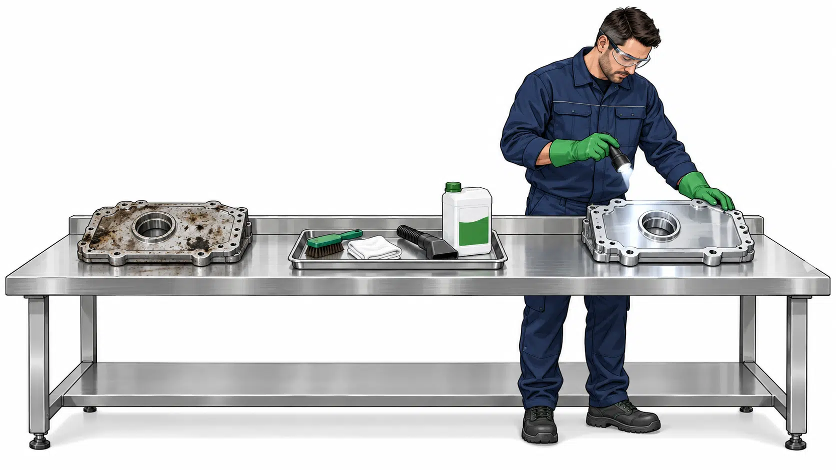 Técnico inspeccionando un componente antes y después de un proceso de limpieza industrial