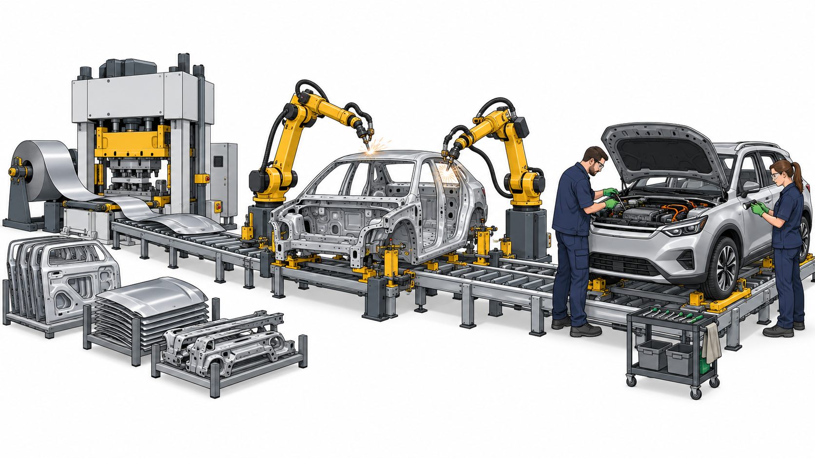 Línea de manufactura automotriz con estampado de piezas, soldadura robotizada y técnicos inspeccionando un vehículo.
