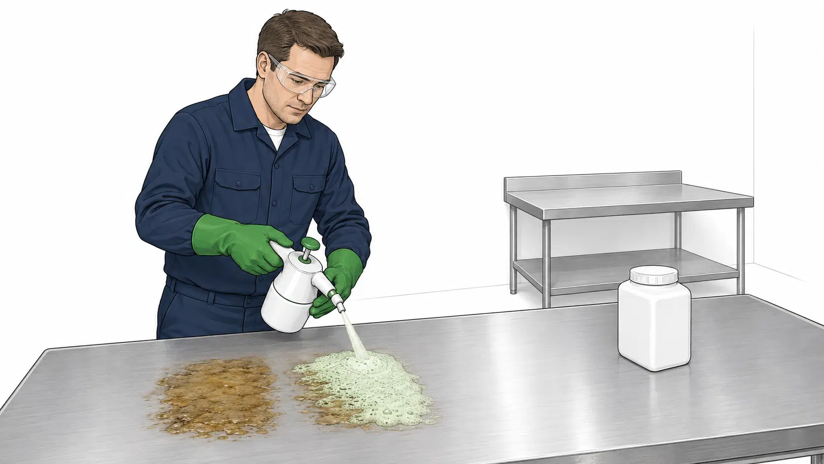 Técnico de mantenimiento aplica espuma de limpieza sobre grasa localizada en una superficie industrial de acero inoxidable.