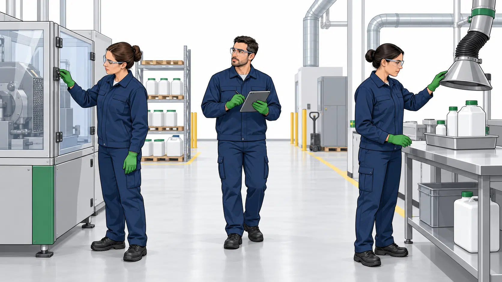 Personal aplicando medidas de seguridad e higiene industrial en una planta