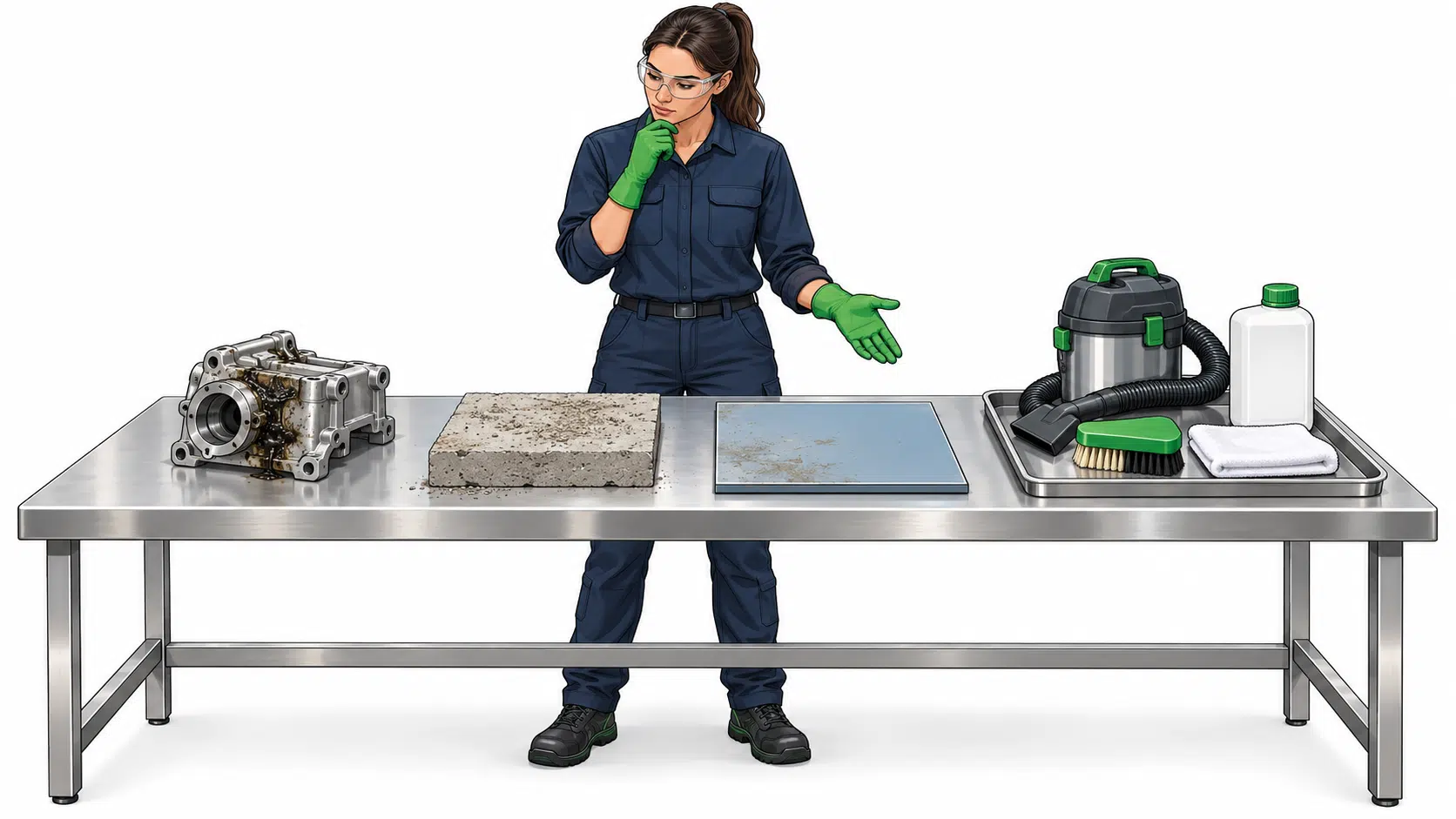 Especialista evaluando distintos tipos de suciedad y superficies para elegir un método de limpieza industrial