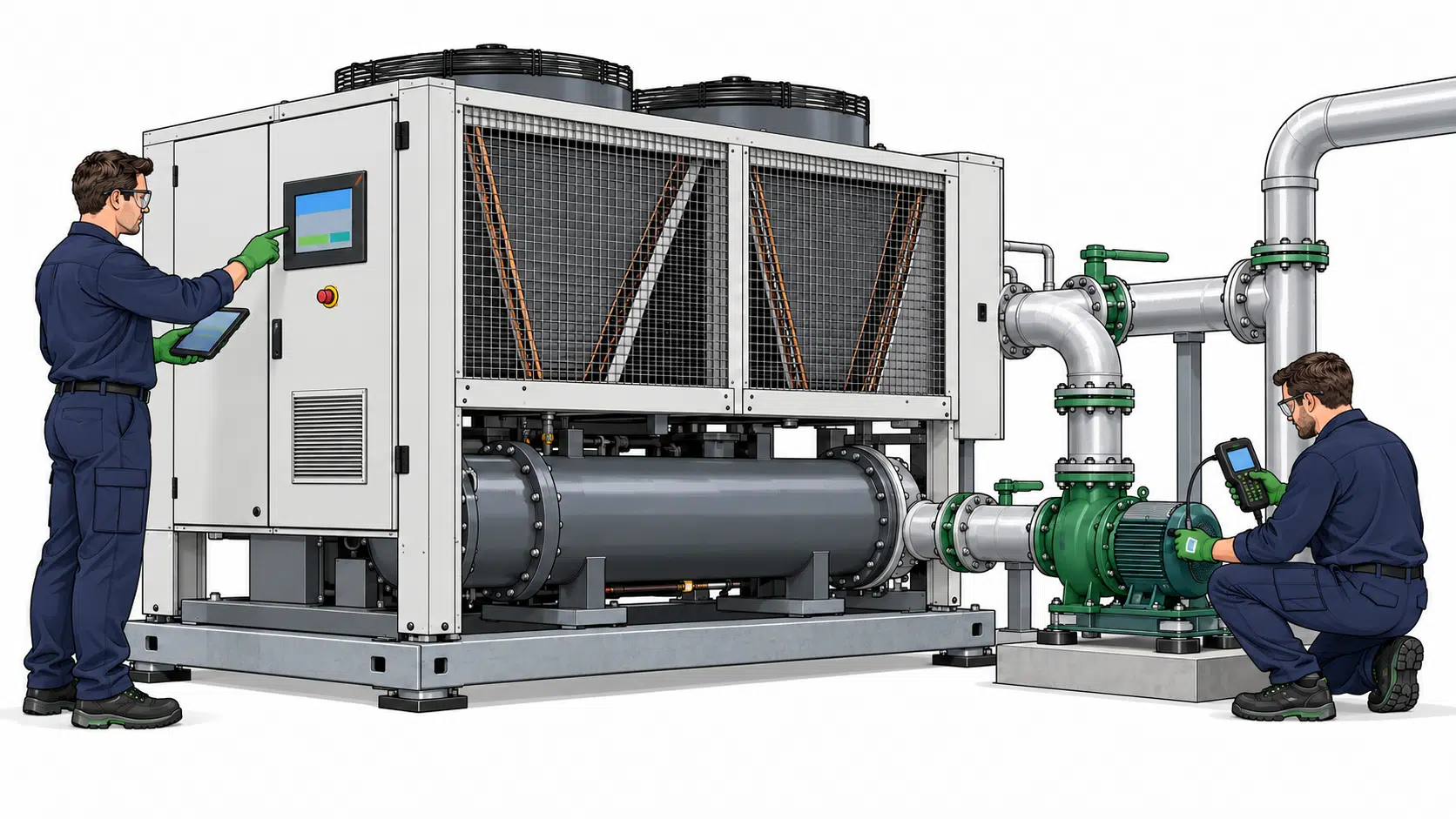 Técnicos realizando mantenimiento preventivo en un chiller industrial y su circuito hidráulico