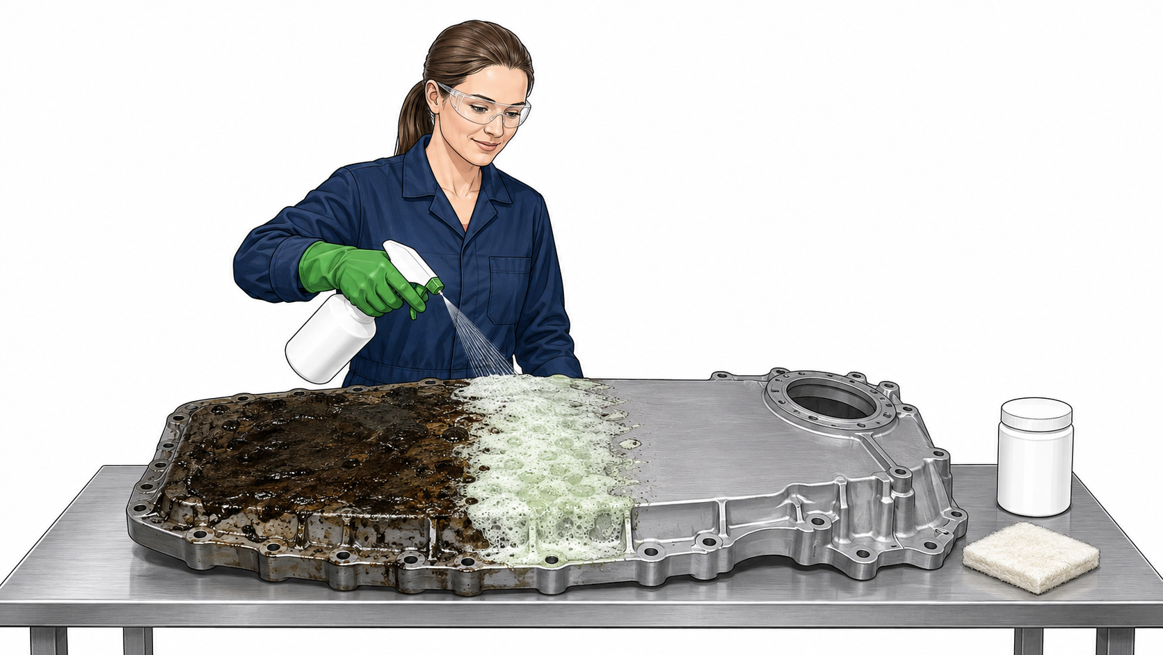 Técnica industrial aplica desengrasante sobre una pieza metálica con zonas de grasa, espuma y superficie limpia.
