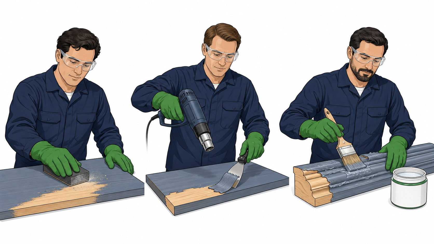 Tres técnicos quitan pintura de la madera mediante lijado, calor controlado y removedor químico.