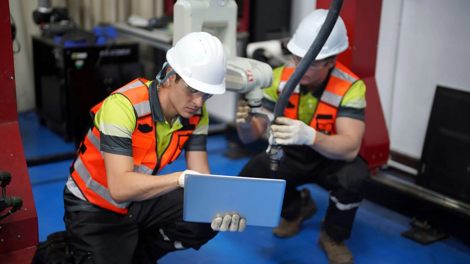 Trabajadores industriales revisando en computadora una hoja de seguridad y ficha técnica de productos químicos durante labores de mantenimiento.