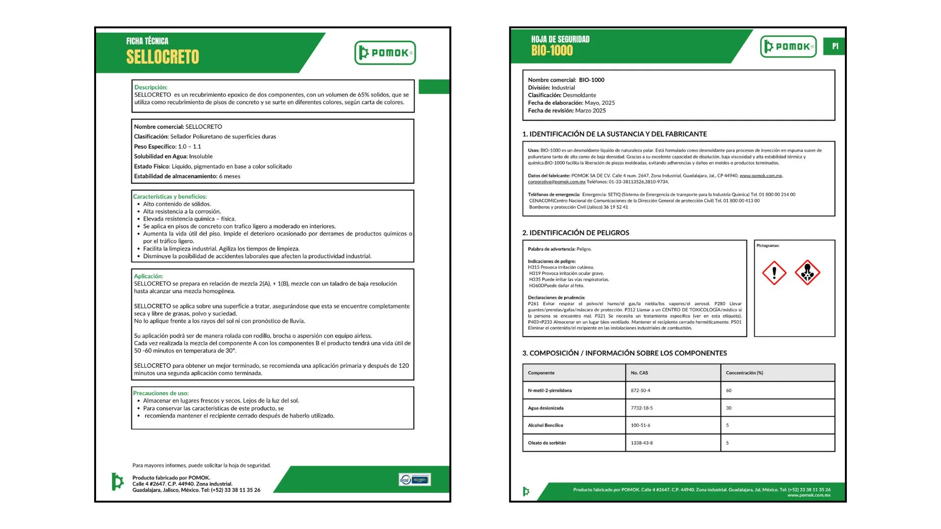 Ejemplos de una ficha técnica y una hoja de seguridad de productos químicos de Pomok.