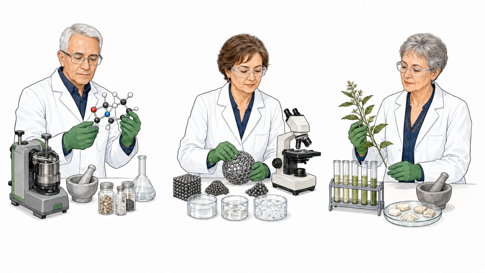 Eusebio Juaristi estudia un modelo molecular, Tessy López examina nanomateriales y Rachel Mata analiza una planta medicinal.