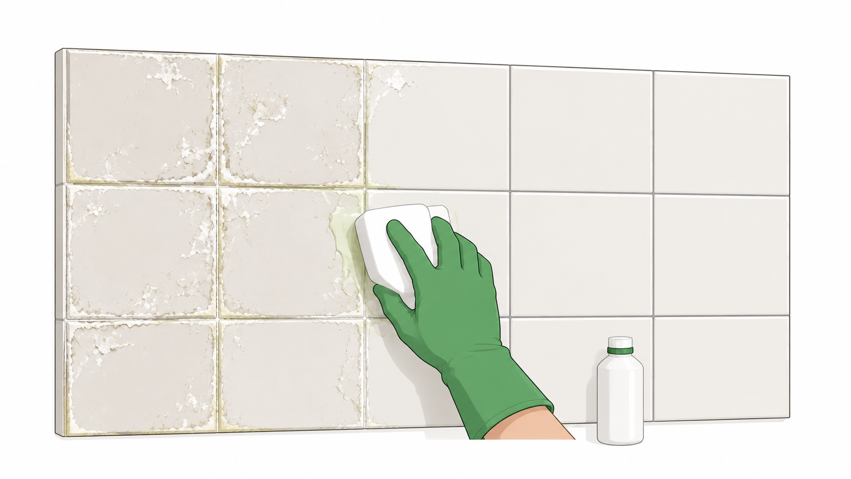 Mano con guante limpia el sarro de los azulejos del baño y muestra la diferencia entre la superficie incrustada y la limpia.