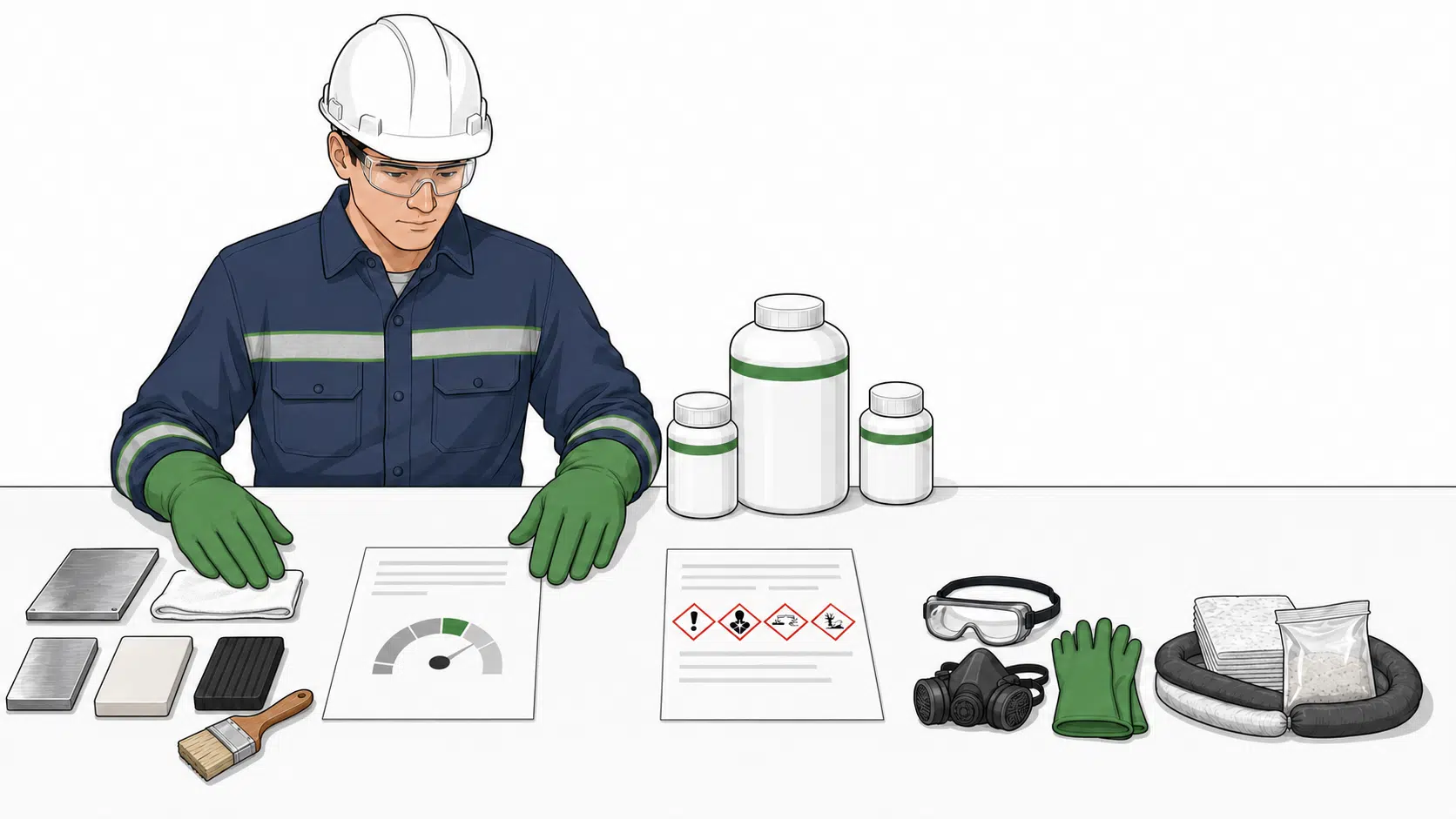 Responsable industrial revisando la ficha técnica y la hoja de seguridad de un producto químico