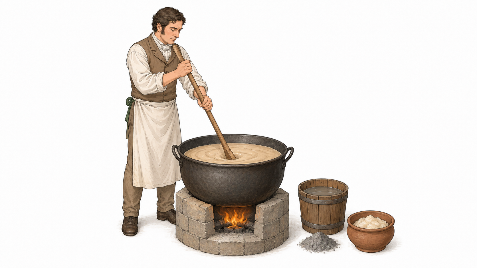 Artesano elaborando jabón con grasas y una solución alcalina de cenizas