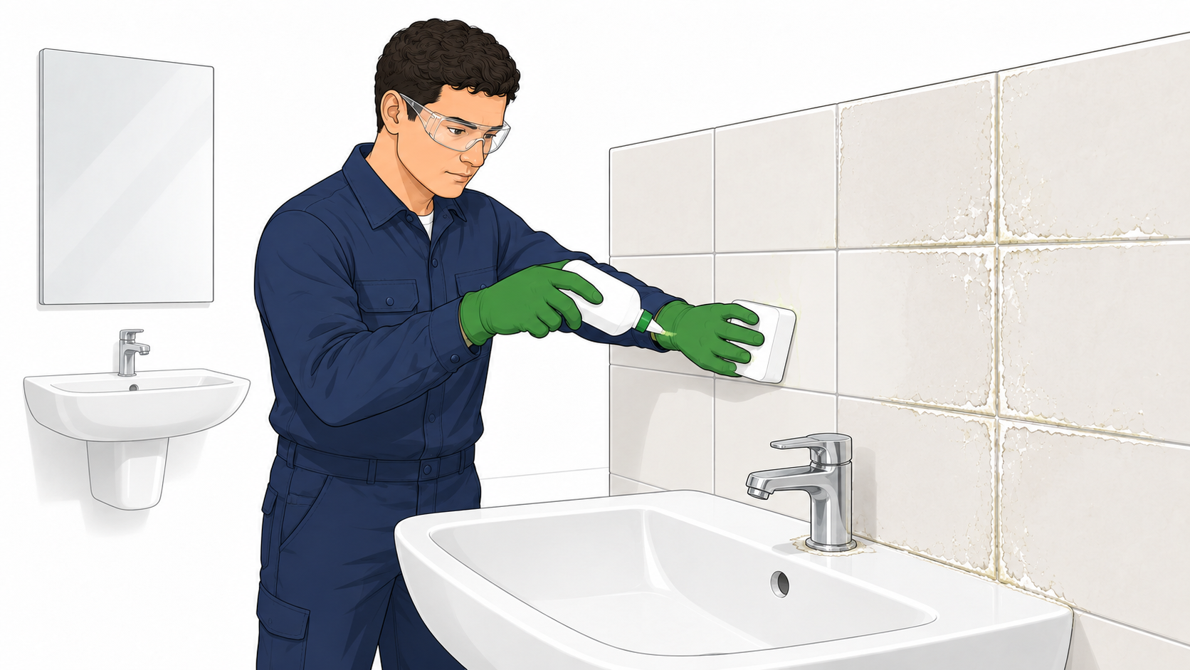 Técnico con equipo de protección limpia el sarro de los azulejos y la grifería de un baño institucional.