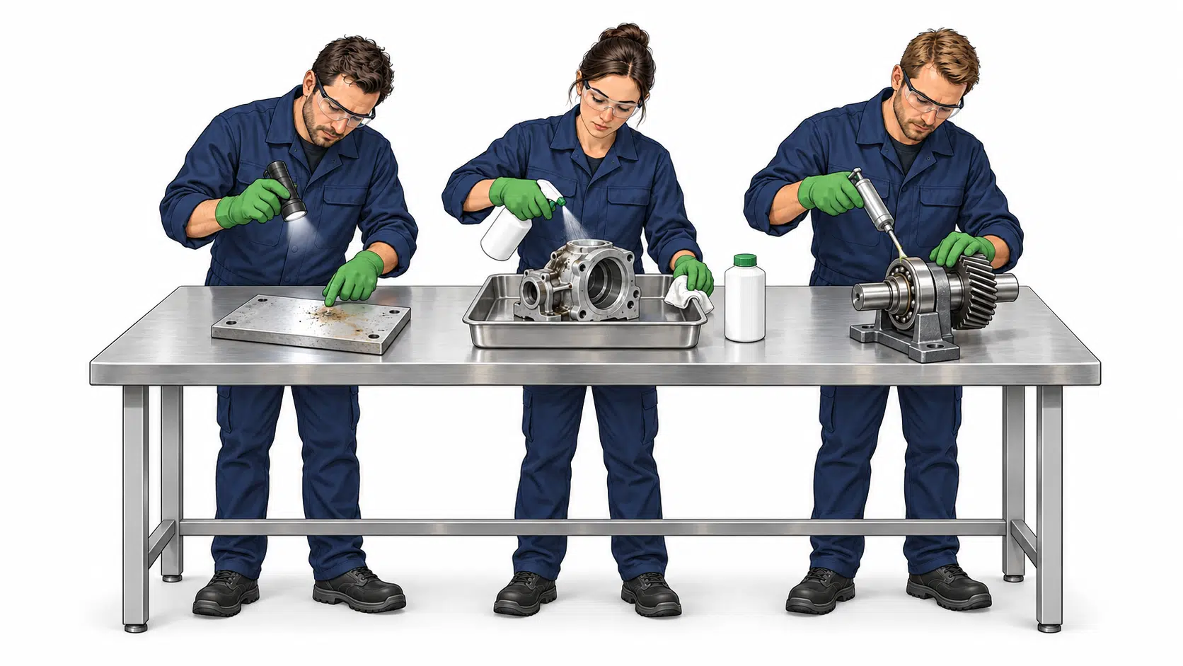 Aplicación de química industrial en inspección, limpieza y lubricación de componentes industriales