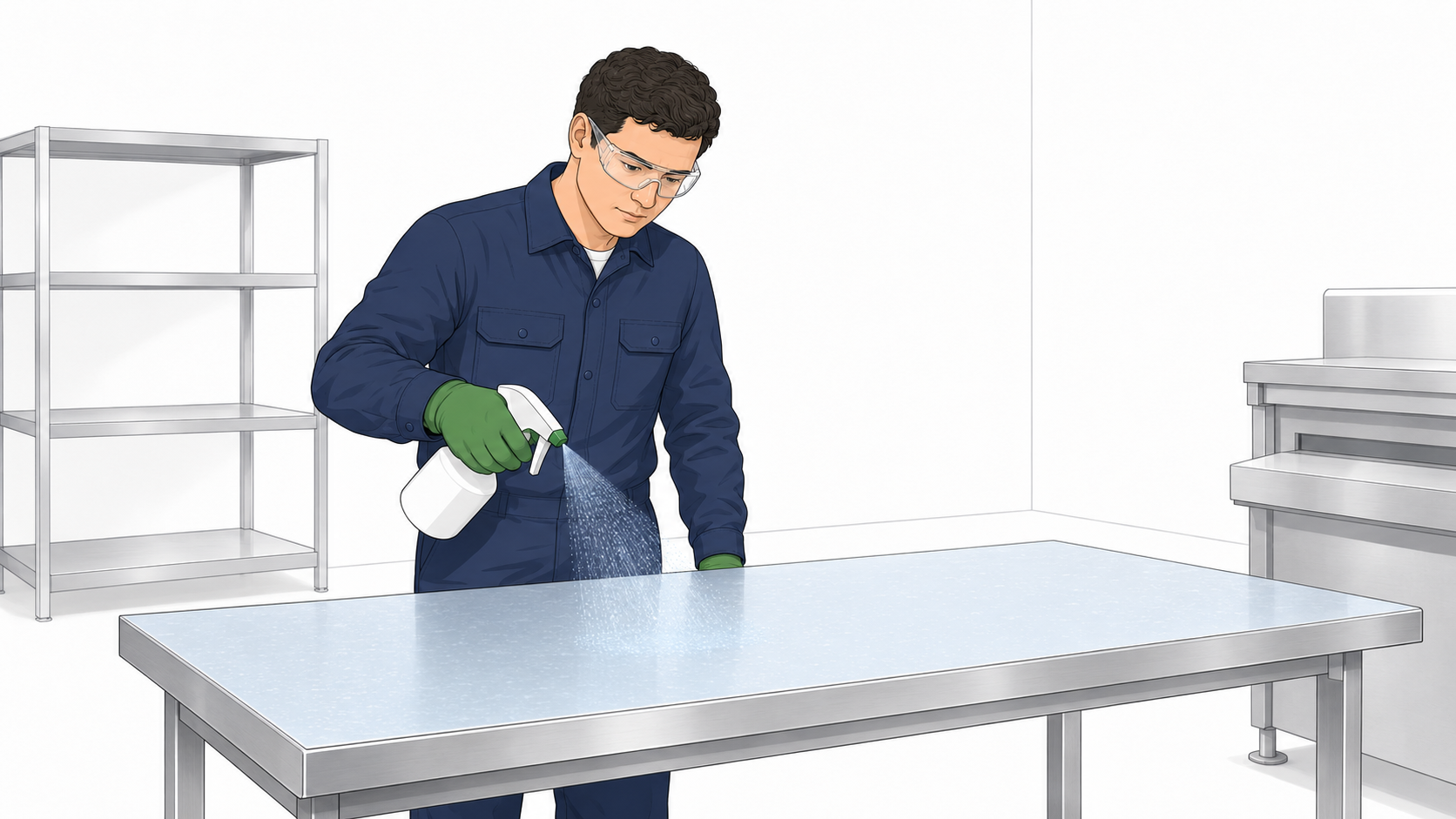 Técnico con guantes y lentes aplica desinfectante sobre una mesa de acero inoxidable.